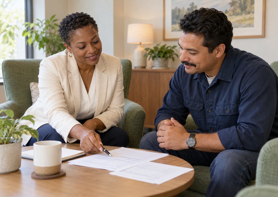 Advisor reviewing loan paperwork with a customer in a relaxed setting
