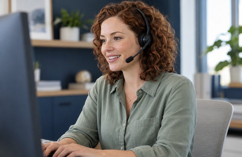 Friendly customer support agent wearing a headset smiling at the camera