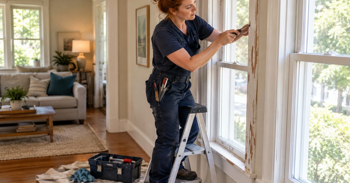 Woman repairing a window frame while standing on a step ladder