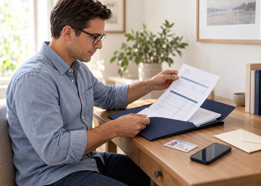 Documents, ID and a smartphone laid out on a desk ready for a loan application